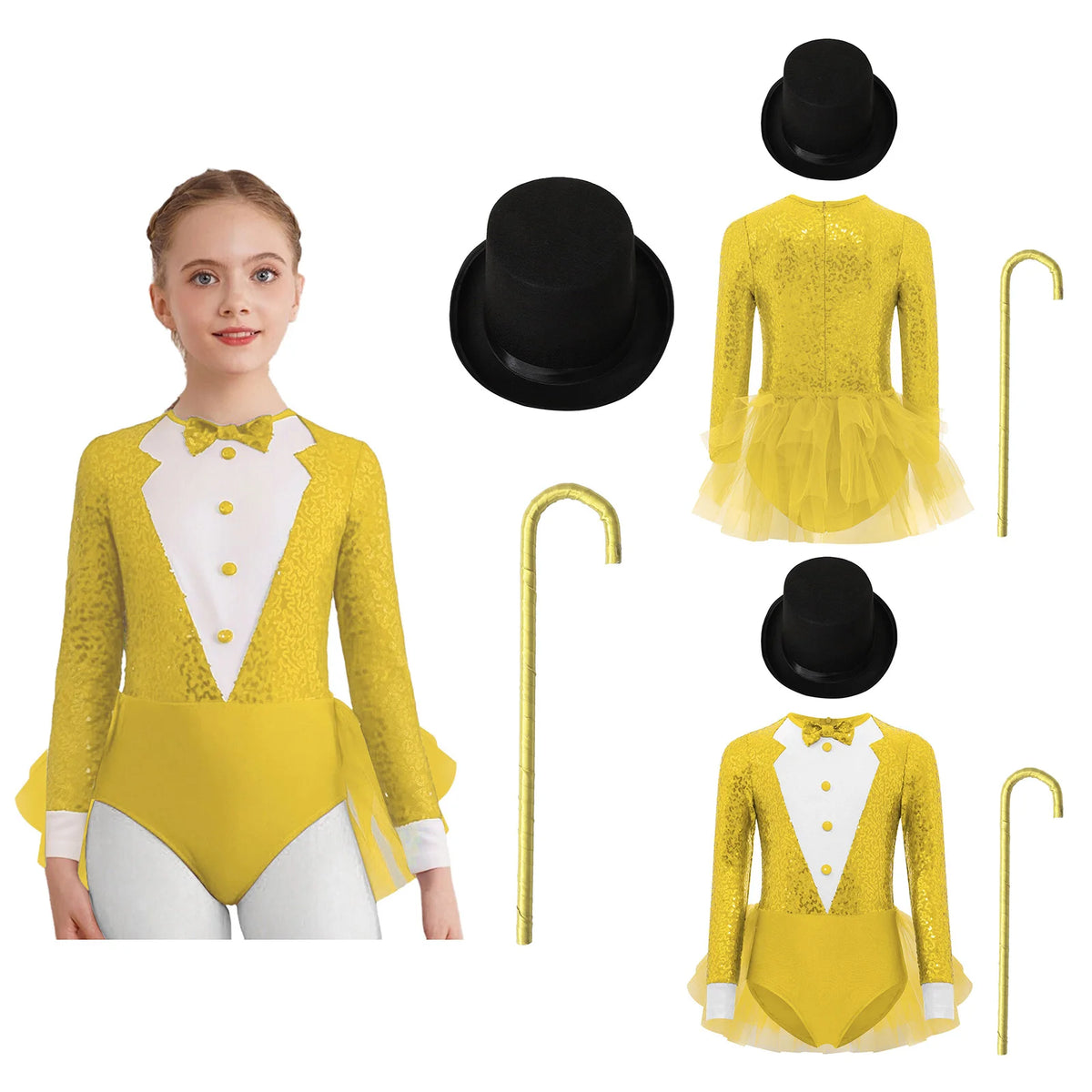 Kids Girls Majorette Leotards Showman Jazz Dance Costume Magician Outfit Tuxedos Bodysuit with Hat And Crutch Sequins Leotard