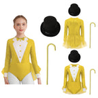 Kids Girls Majorette Leotards Showman Jazz Dance Costume Magician Outfit Tuxedos Bodysuit with Hat And Crutch Sequins Leotard