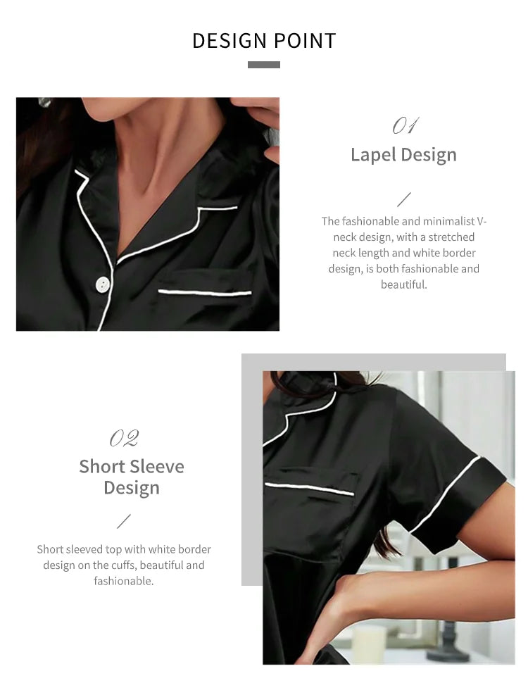 Elegant Satin Solid Pajamas Set Short Sleeve Lapel Buttons Top And Shorts Breathable Fabric Skin-Friendly Fit Women's Sleepwear