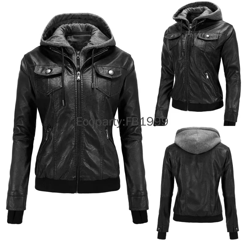 Veste Moto Femme Cuir PU – Capuche Amovible Slim Noir Streetwear