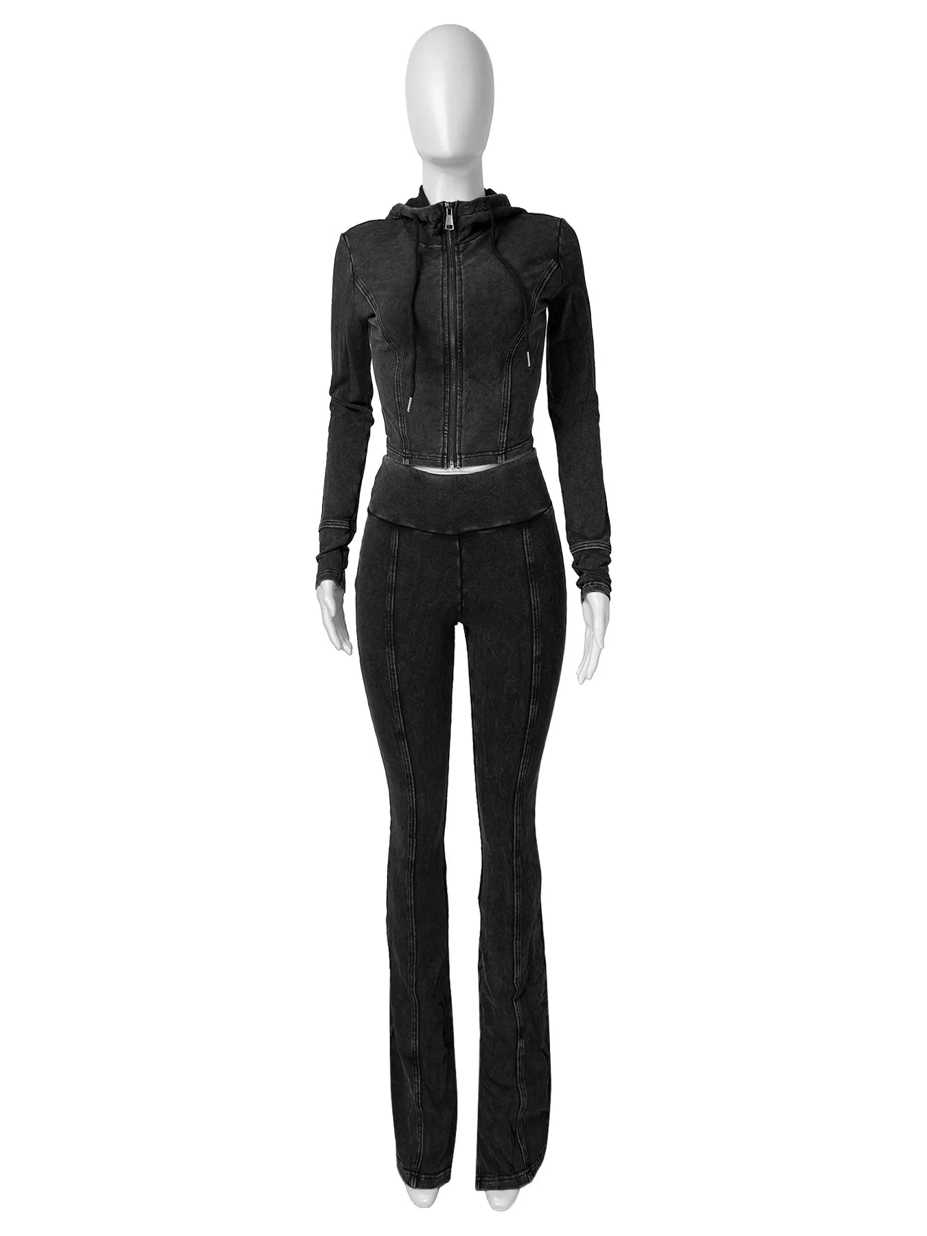 Ensemble 2 Pièces Femme – Veste À Capuche + Pantalon Évasé Taille Haute Sport
