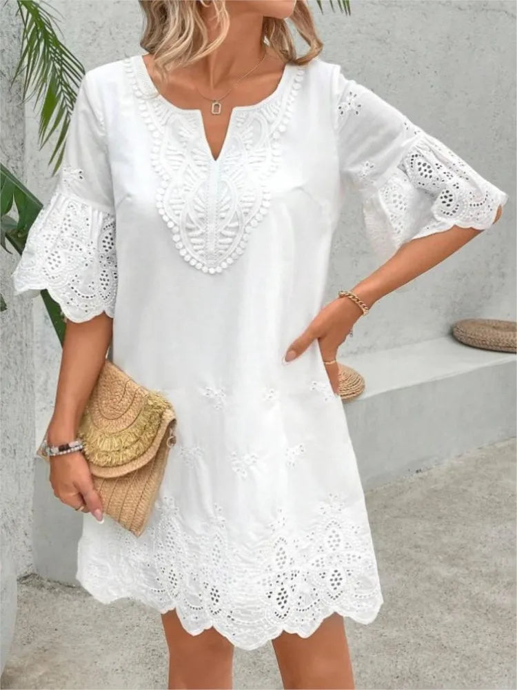Fashion Casual Lace V-neck Short Sleeve Dress New Hollow Out Elegant Casual White Office Holiday Party Dresses Robe Femme Summer