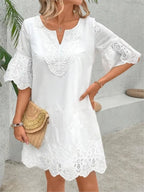 Fashion Casual Lace V-neck Short Sleeve Dress New Hollow Out Elegant Casual White Office Holiday Party Dresses Robe Femme Summer