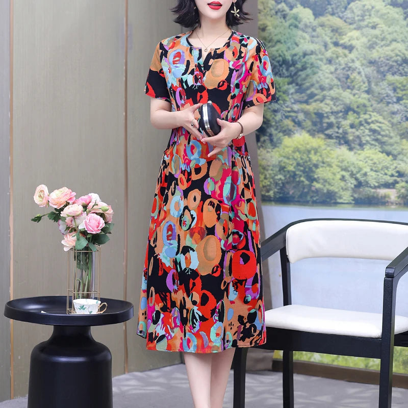 New Hot Fashion 2025 Casual Print Women Summer Dresses For Women Clothing Cotton Vintage Dress Plus Size