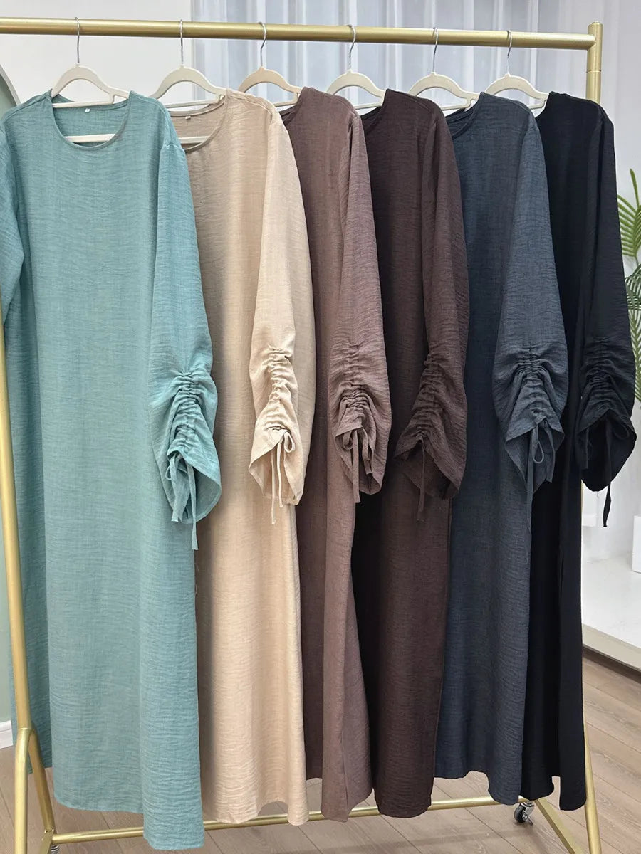 Vestidos Muslim Women Dubai Abaya Drawstring Sleeve Long Dress Kaftan Solid Modest Ramadan Robe Plus Size Femme Islamic Clothing