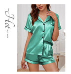 Elegant Satin Solid Pajamas Set Short Sleeve Lapel Buttons Top And