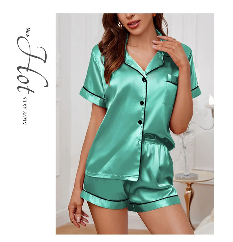 Elegant Satin Solid Pajamas Set Short Sleeve Lapel Buttons Top And Shorts Breathable Fabric Skin-Friendly Fit Women's Sleepwear