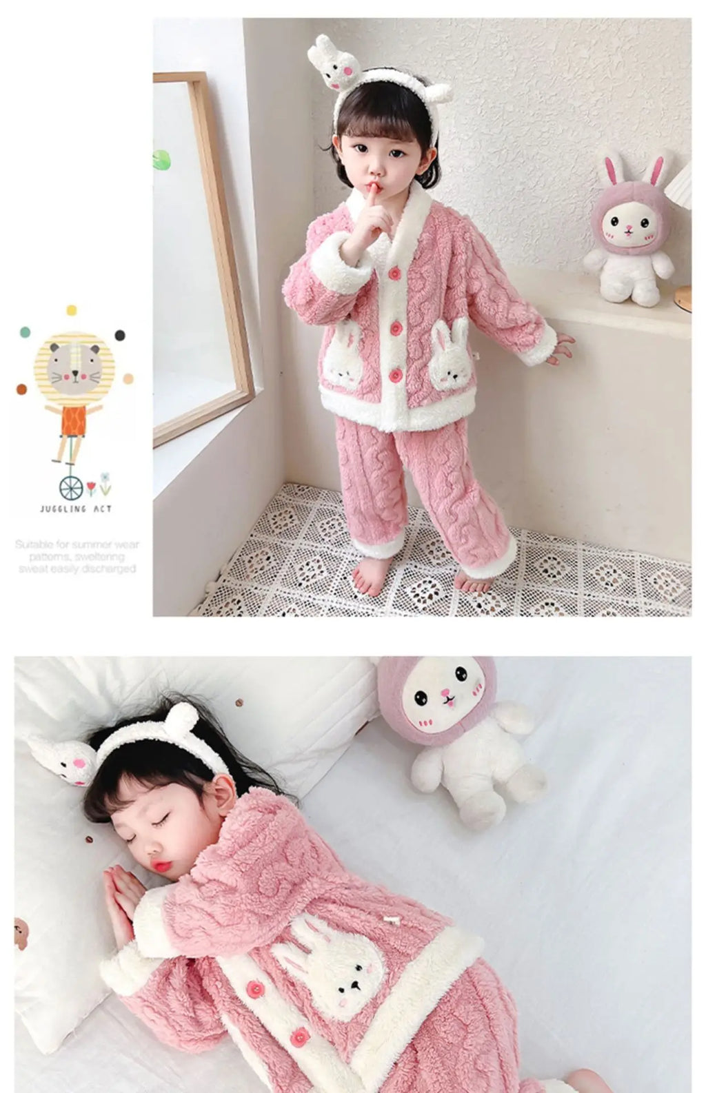 Pyjama Fille Flanelle Motif Lapin – Chaud Kawaii Automne Hiver 90-130cm