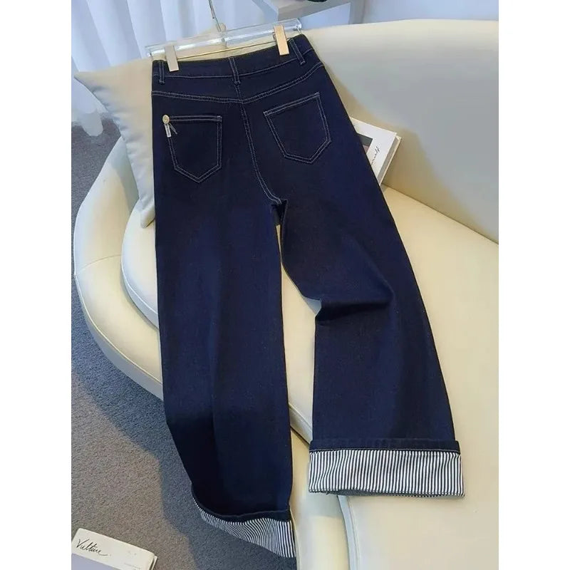 Jean femme wide leg délavé – Revers rayé streetwear