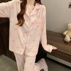 Pyjama femme rose à rayures et nœuds – Ensemble long
