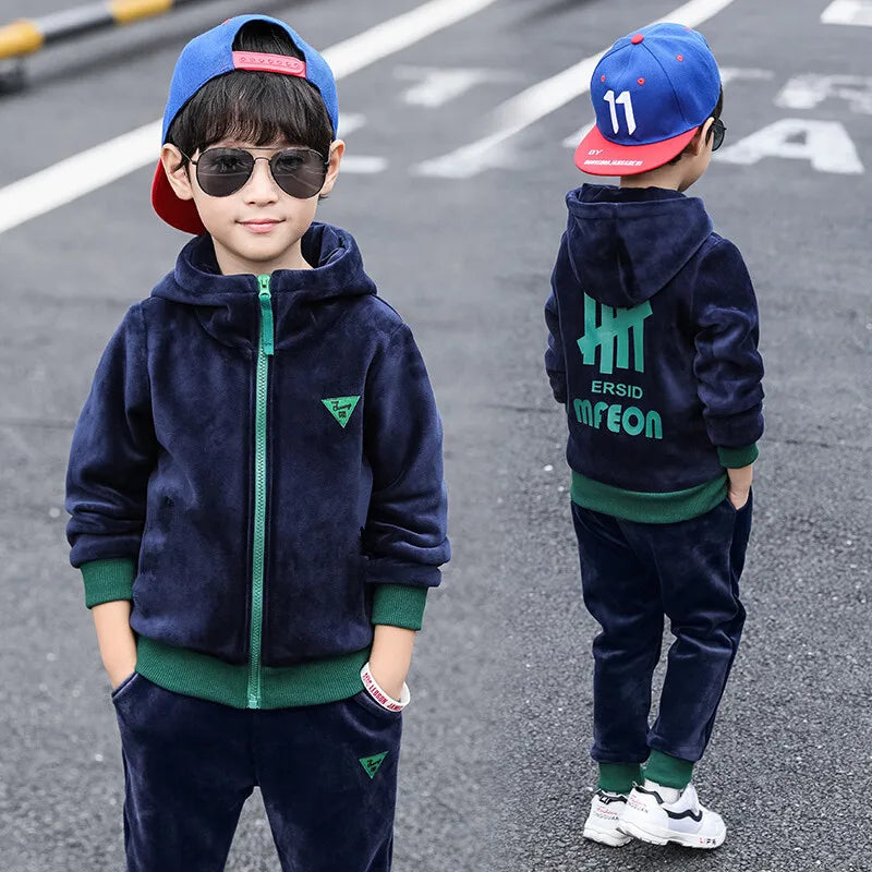 Boys Double-sided Velvet Sets Children Fashion Casual Hooded Suit Kids Autumn Winter Jackets+Pants 2Pcs Outfits Teenager Clothes