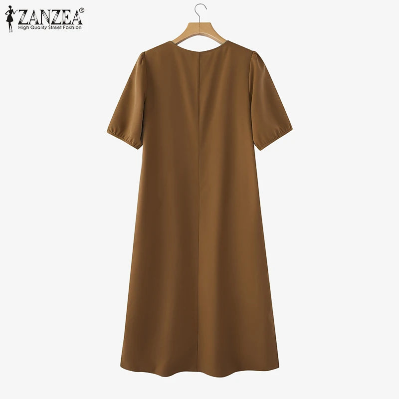 ZANZEA 2025 Fashion Summer Dress Women V Neck Short Sleeve Holiday Sundress Casual Loose Party Work Vestidos Kaftan Robe Femme