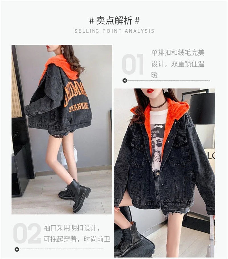Plus Velvet Thickening 2022 Winter Denim Jacket Women's Hooded Embroidery Loose Warm Cotton Clothes Cotton Clothes Ins Tide W228
