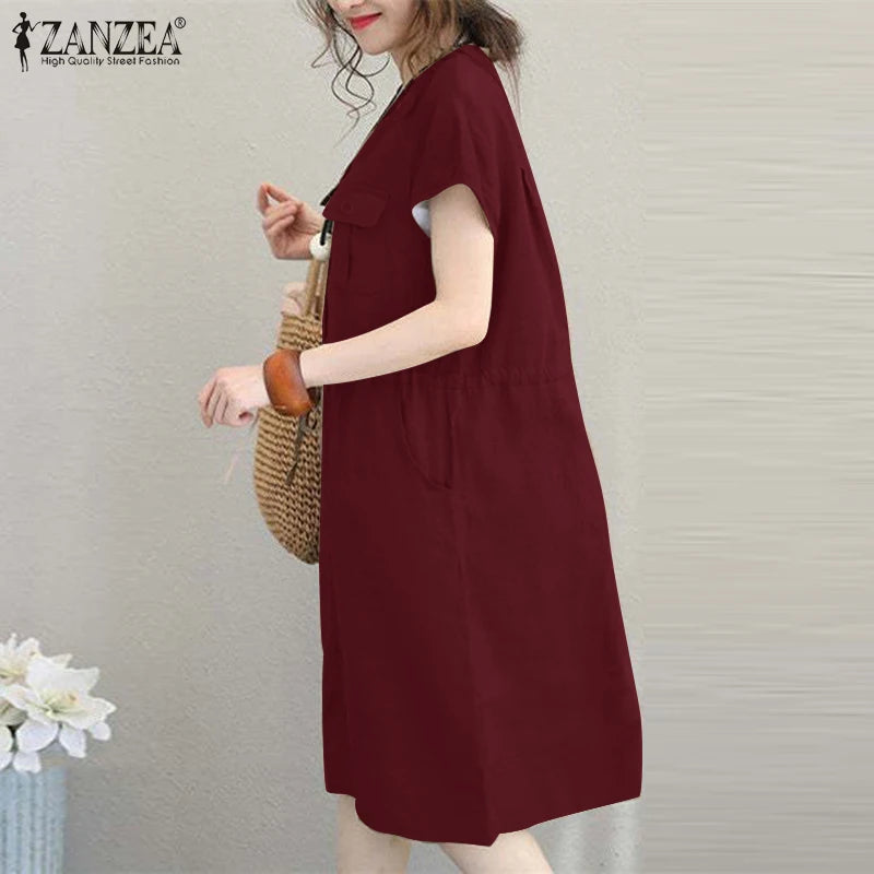 Summer Fashion Short Sleeve Dress ZANZEA Women Casual Drawstring Waist Vestidos Knee-length Robe Femme Elegant OL Work Sundress