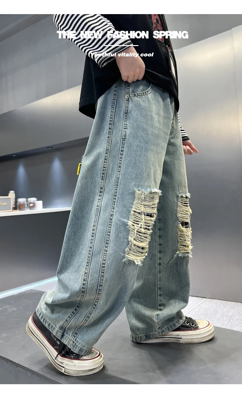 Distressed Designer Kids Desroyed Ripped Jeans Trousers with Holes On Knee for Boys Casual Broken Denim Pants 5 6 8 9 10 12 14 Y