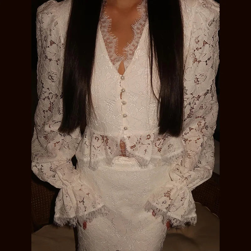 Elegant Solid Lace Ruffles Maxi Skirt Set Women Vintage Single Breasted Flared Sleeve V-neck Slim Blouse Suit Lady Party Outfits