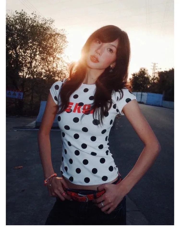 American Vintage Polka Dot Print Ropa Mujer New All-match Slim Exquisite T-shirt Hop Personalized Streetwear Shirts