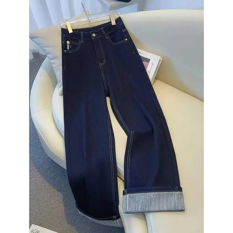 Jean femme wide leg délavé – Revers rayé streetwear