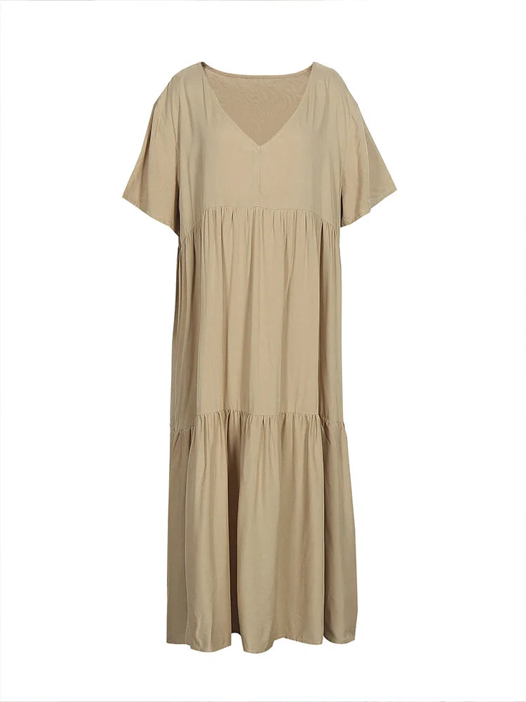plus Size Women's Casual Loose V-Neck Solid Long Dress Spring Summer Pleated Big Size Women's Dress
