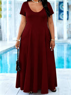 Plus Size Women's Solid Black Maxi Dress Summer Casual Short Sleeve Crew Neck A Line Flowy Long Dress With Pocket Beach dresses