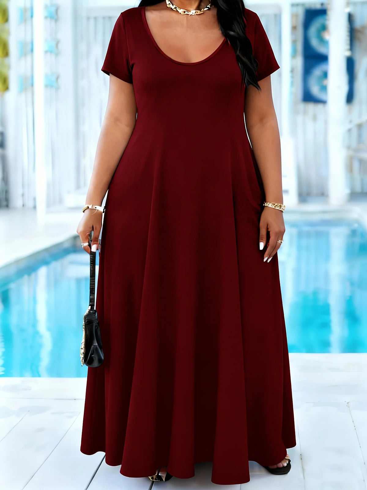 Plus Size Women's Solid Black Maxi Dress Summer Casual Short Sleeve Crew Neck A Line Flowy Long Dress With Pocket Beach dresses