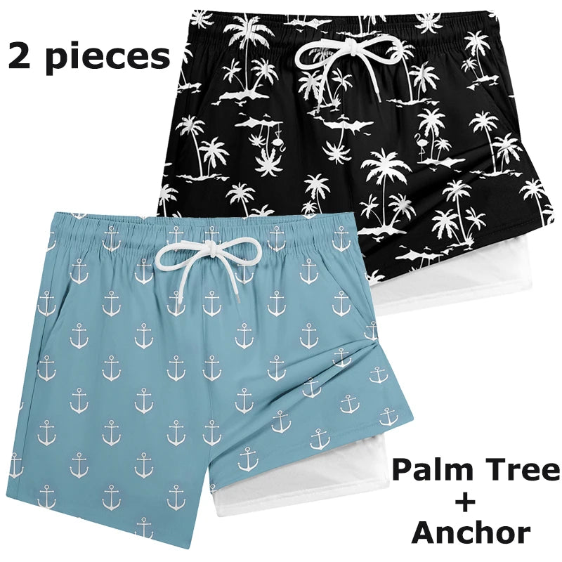 3D Print 2 in 1 Mens Swim Trunks Summer Quick Dry Beach Shorts with Phone Pocket Swimwear Swimsuit Bathing Suit  Board Shorts