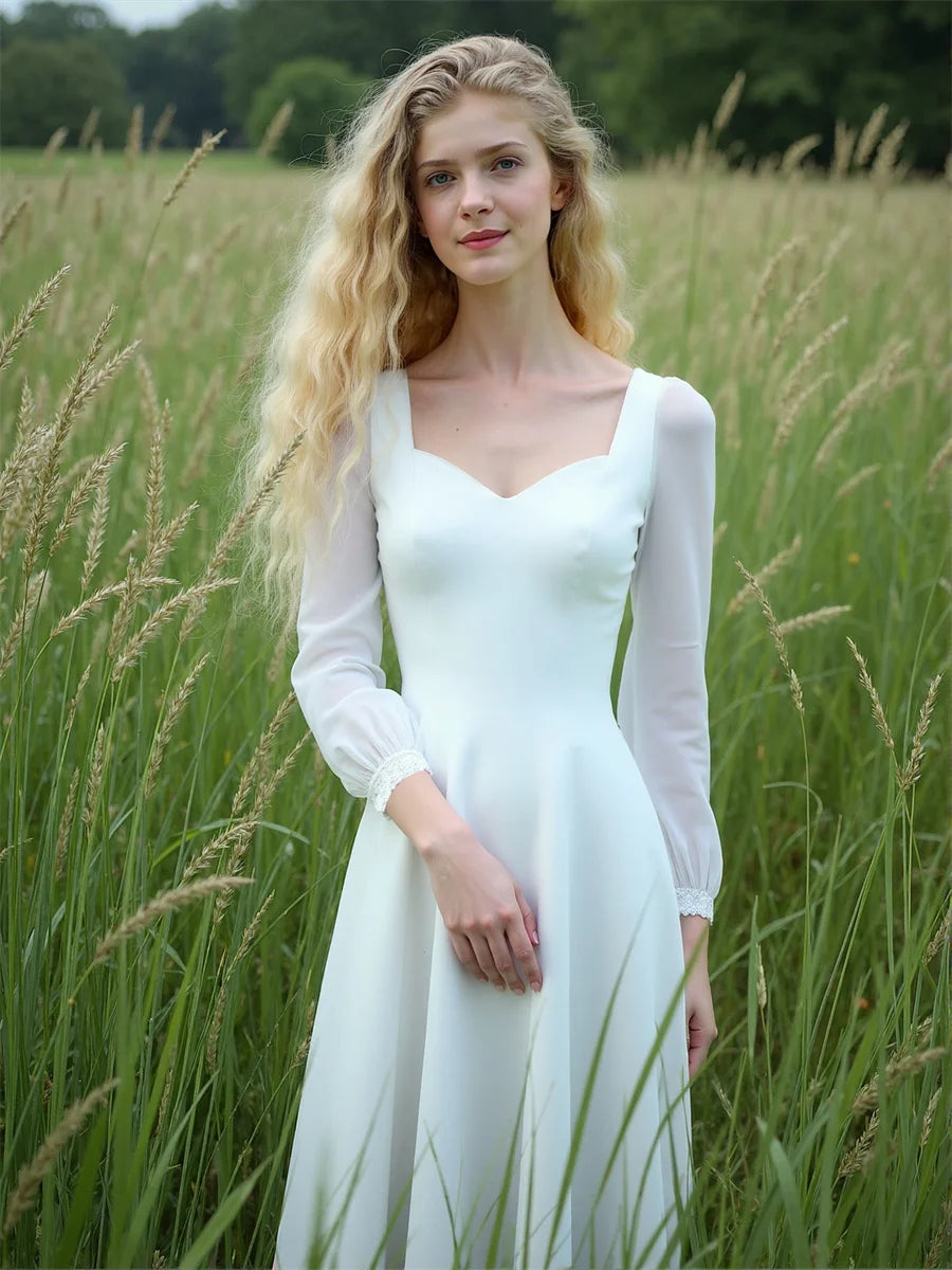 Women'S Dress Autumn Woman Long Sleeve Square Collar Elegant Beautiful Feminine Pretty Sweet Lovely Cute Fancy Exquisite Simple