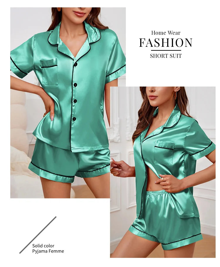 Elegant Satin Solid Pajamas Set Short Sleeve Lapel Buttons Top And Shorts Breathable Fabric Skin-Friendly Fit Women's Sleepwear