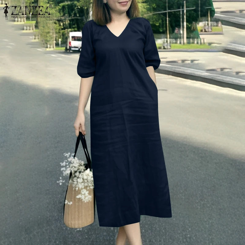 ZANZEA 2025 Fashion Summer Dress Women V Neck Short Sleeve Holiday Sundress Casual Loose Party Work Vestidos Kaftan Robe Femme