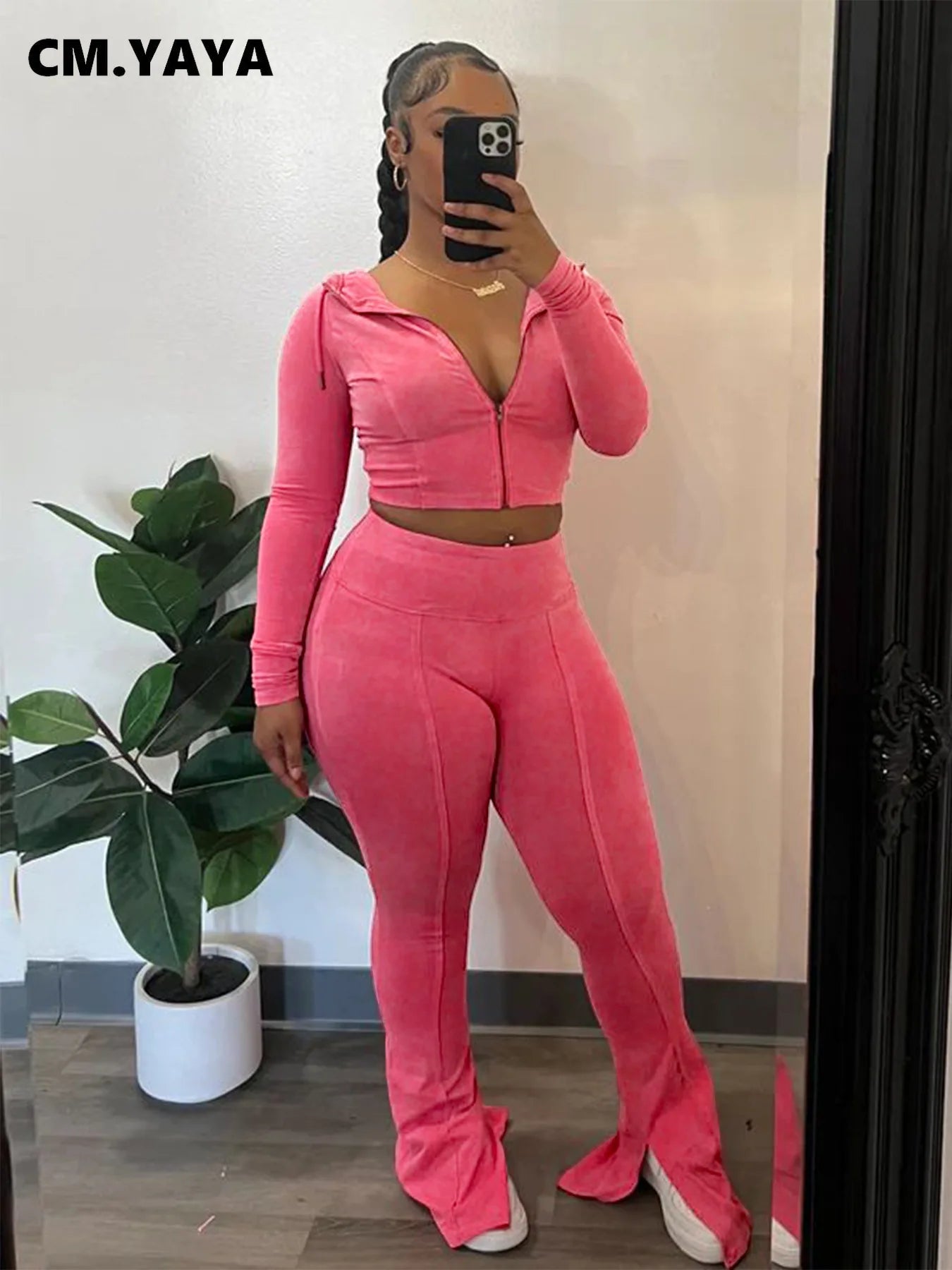 Ensemble 2 Pièces Femme – Veste À Capuche + Pantalon Évasé Taille Haute Sport