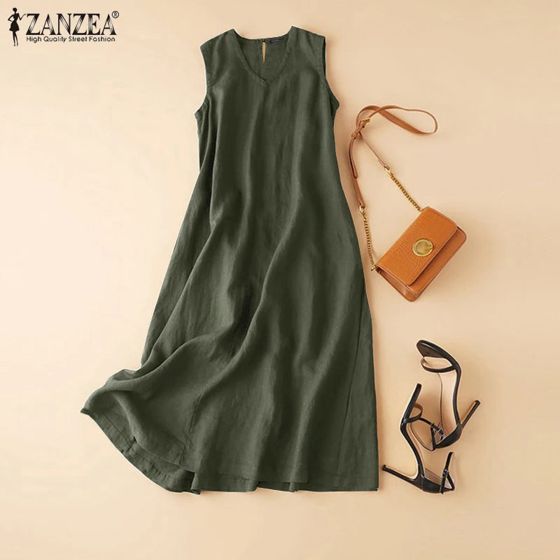 ZANZEA Plus Size Cotton Sleeveless Dresses 2025 Summer Womens Casual V Neck Solid Sundress Loose Vestidos Vintage Robes Femme