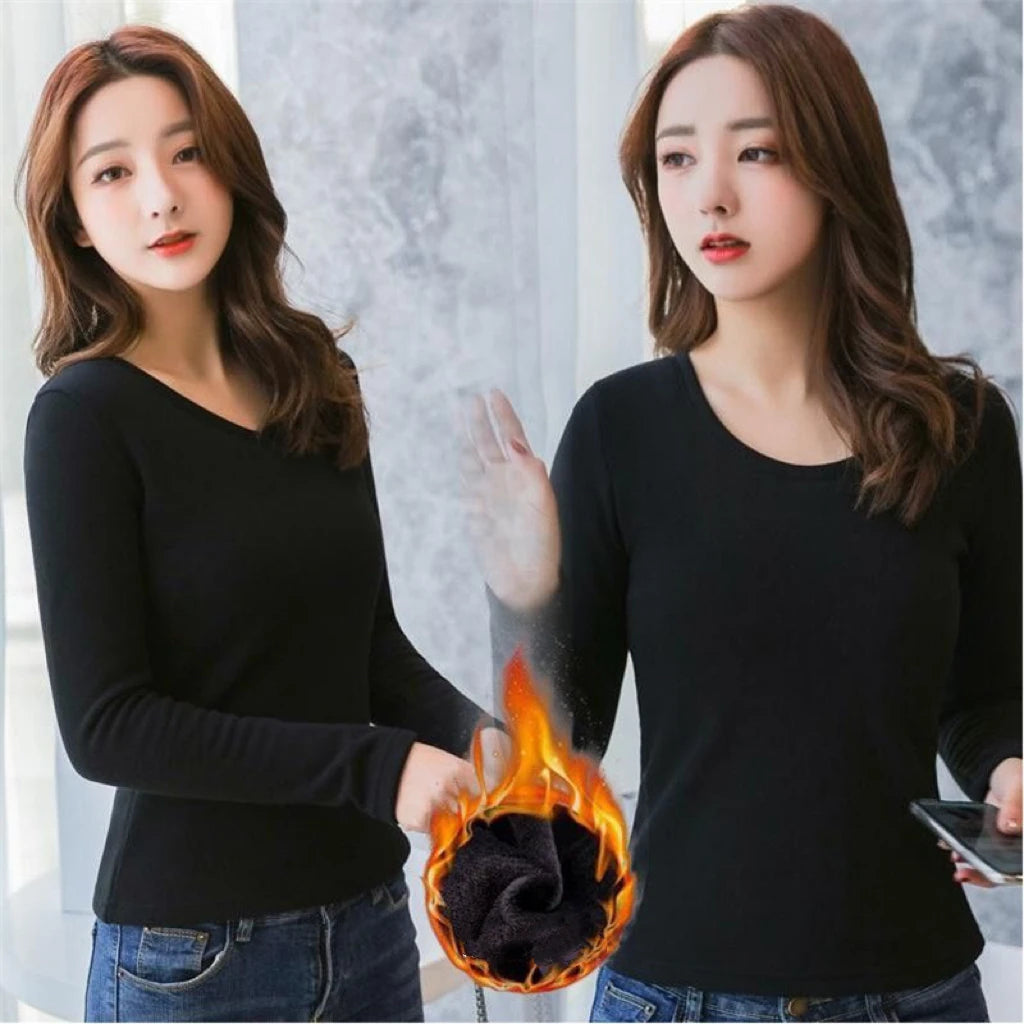 1pcs Women Velvet Thermal UnderwearT-shirt Solid Color V-Neck TShirt Winter Warm Top Female Round Neck Long Sleeve Tee Pullover