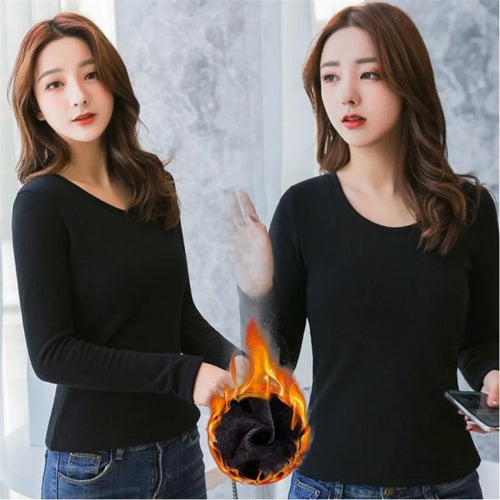 1pcs Women Velvet Thermal UnderwearT-shirt Solid Color V-Neck TShirt Winter Warm Top Female Round Neck Long Sleeve Tee Pullover
