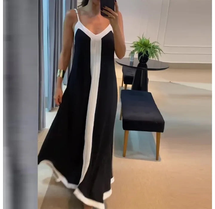 Women's Dress 2024 Summer Women's Clothing Fashion Elegant V-neck Casual Black and White Contrast Sleeveless Loose Long Dresses