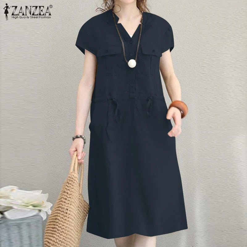 Summer Fashion Short Sleeve Dress ZANZEA Women Casual Drawstring Waist Vestidos Knee-length Robe Femme Elegant OL Work Sundress