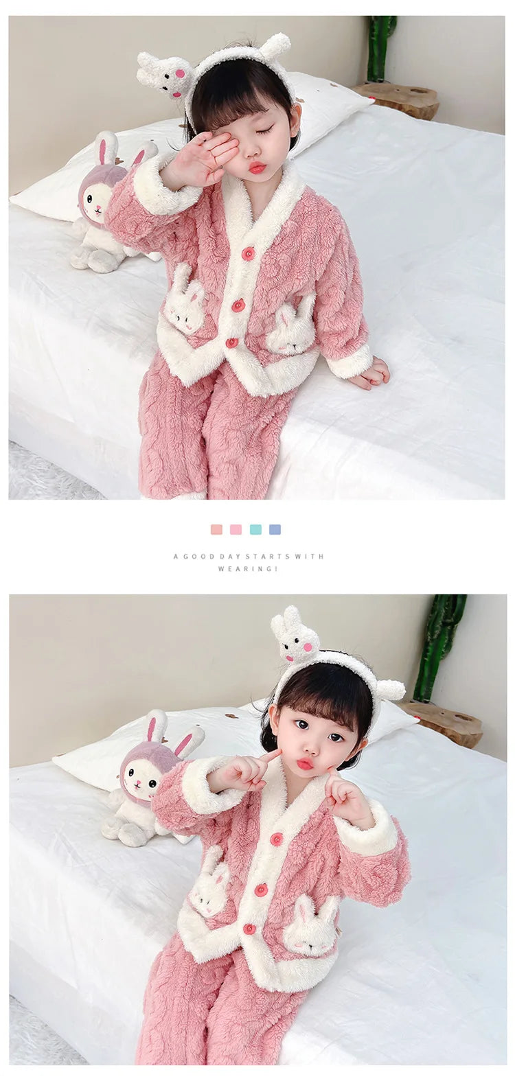 Pyjama Fille Flanelle Motif Lapin – Chaud Kawaii Automne Hiver 90-130cm
