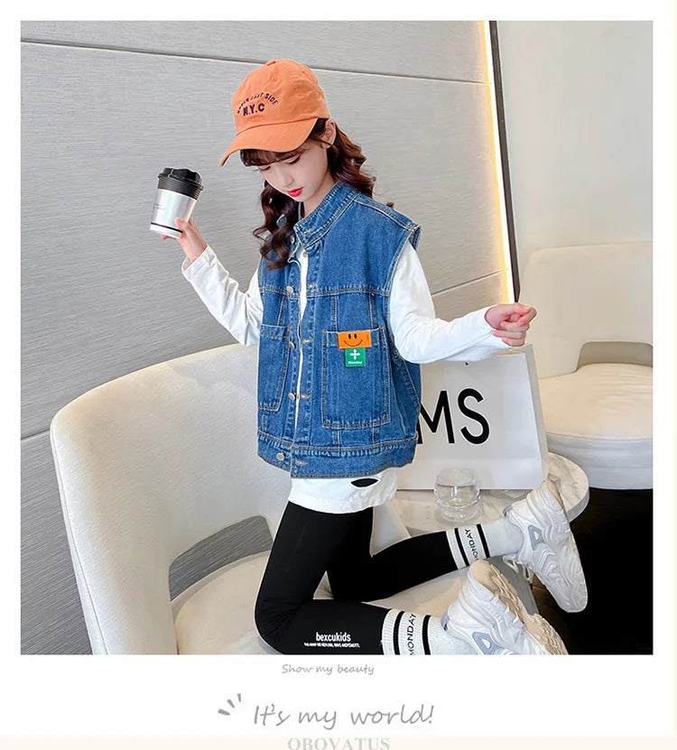 New Fashion Kids Girl Denim Vest Wasitcoat with Smile Face Outerwear Vintage Blue Children Casual Sleeveless Denim Jacket Outfit