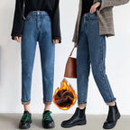 Velvet Thickened New Jeans Female Straight Pants Loose 2023 Winter Korean High-waisted Outside Wearing Warm Harun Pants