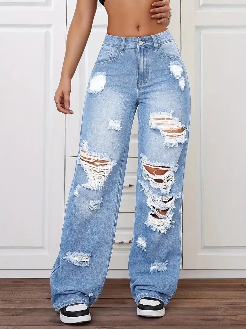 Jean femme taille haute déchiré – Coupe wide leg streetwear