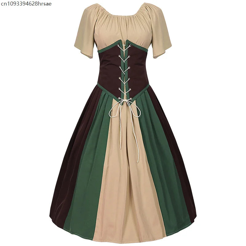 Costumes Halloween pour femmes,robe trapèze rétro médiévale,couleur contrastée,robe à épaules en un mot