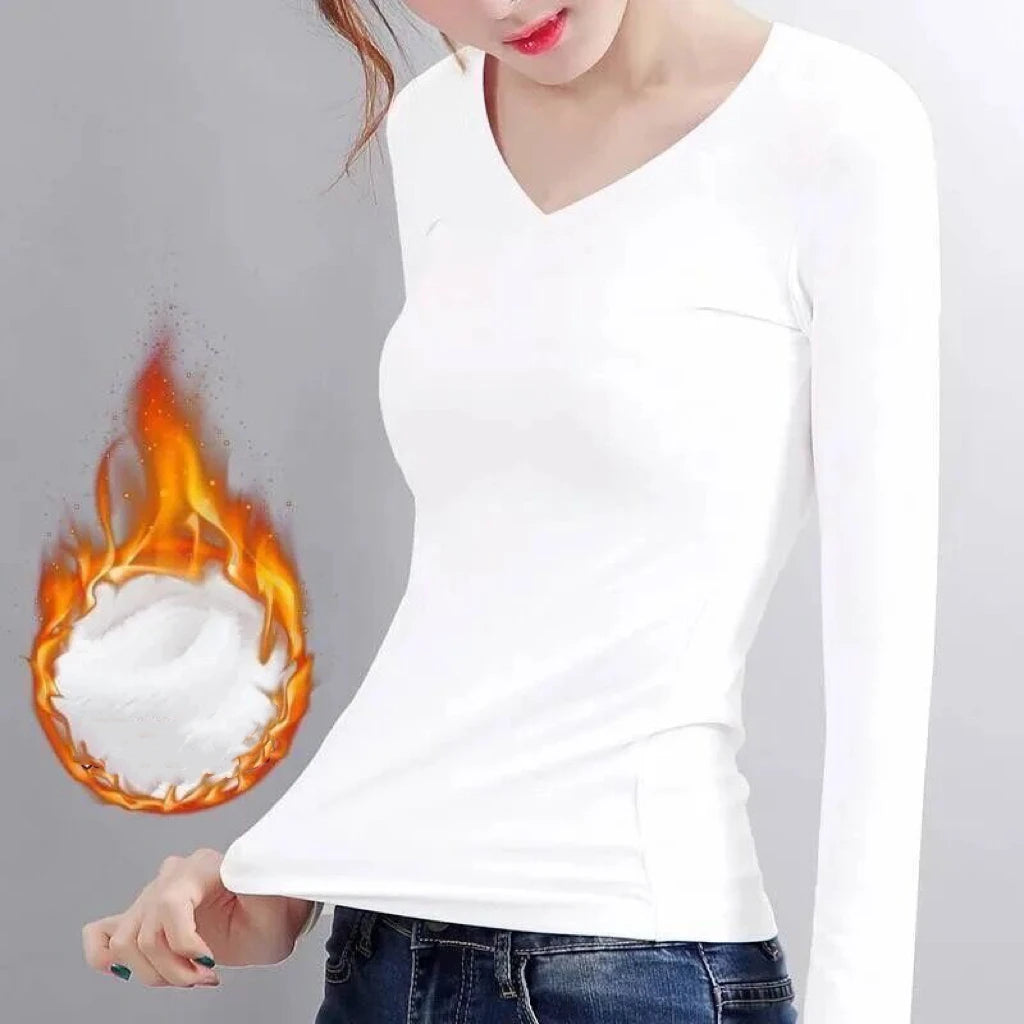 1pcs Women Velvet Thermal UnderwearT-shirt Solid Color V-Neck TShirt Winter Warm Top Female Round Neck Long Sleeve Tee Pullover