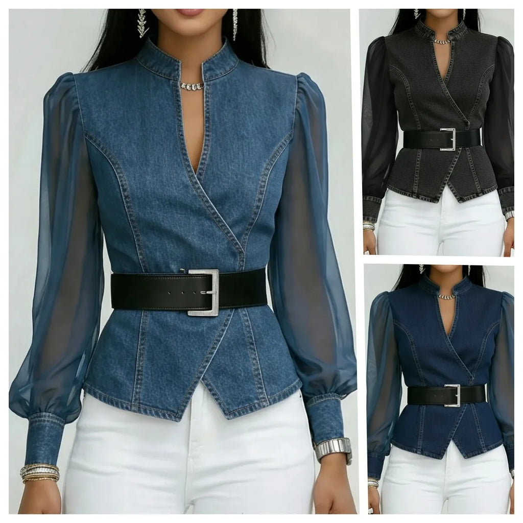2026 New Women's Denim Express Summer and Autumn New V-Neck Lace Long Sleeve Top