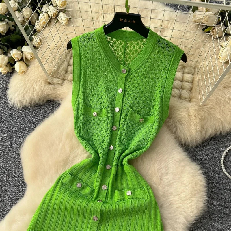 Fashion Knitted Dress Summer Clothes Women Sleeveless Single Breasted Bodycon Long Dresses Vacation Holiday Knitting Dress Robes