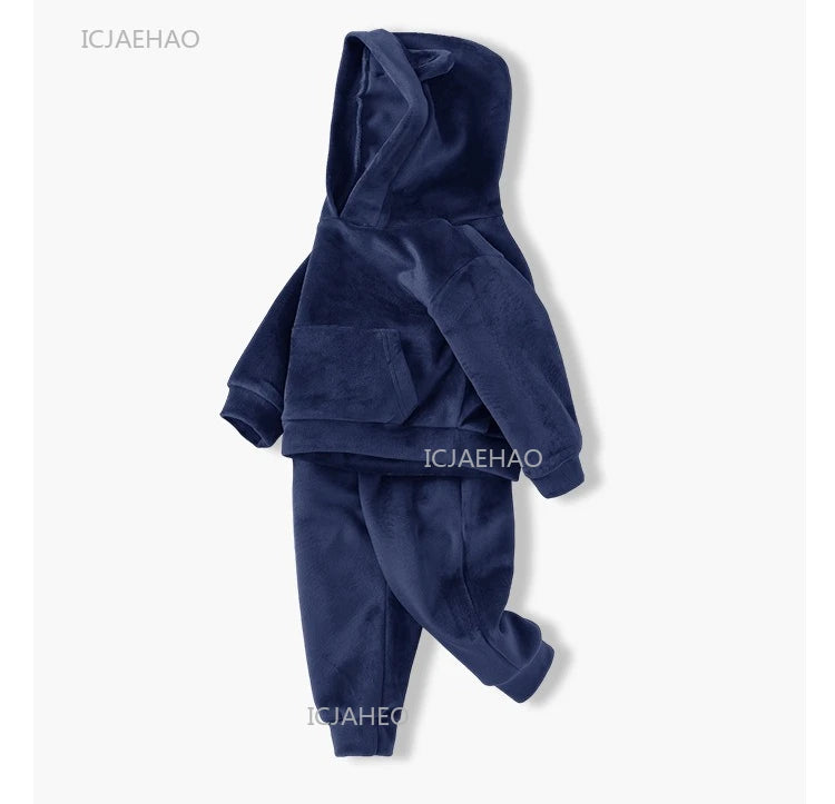 Boys Girls Velvet Warm Long Sleeve Hooded Outfit Set Children Clothing Casual Tracksuit Outdoor Wear Autumn Winter Kids Clothes
