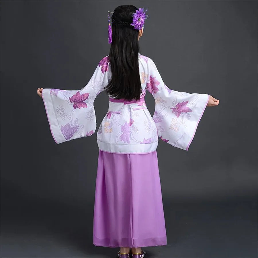 2025 Robe en soie chinoise pour filles, Kimono pour enfants, Costume de danse de chorale Hanfu traditionnel Vintage