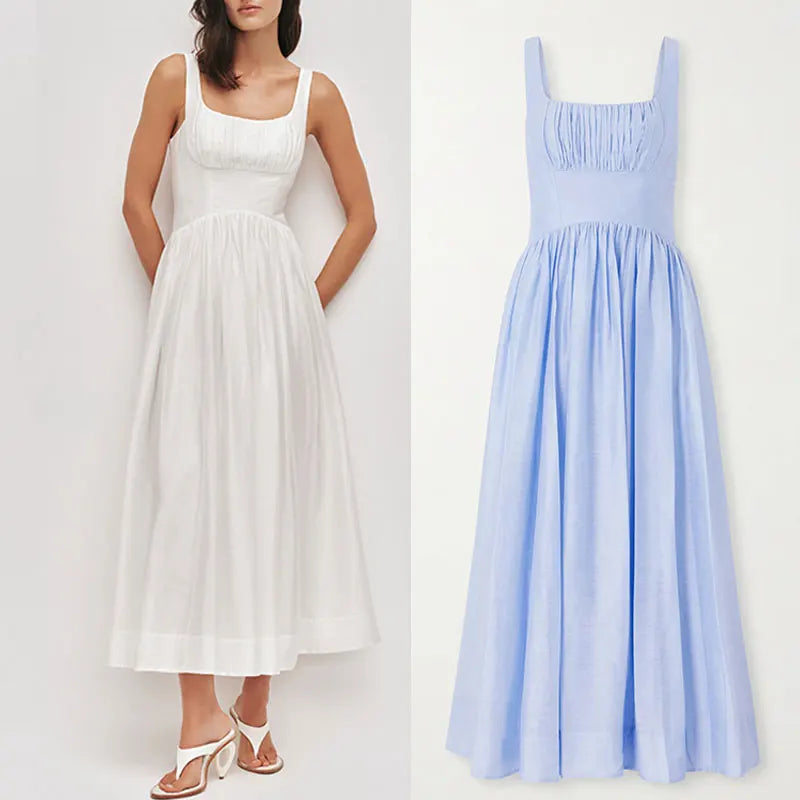 Women Solid Color camisole midi dress Square Collar high waist fashion Casual dress