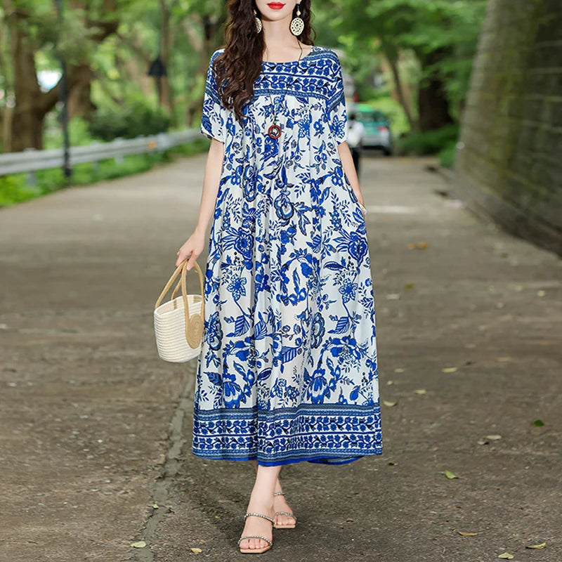New Fashion Hot Summer Dresses For Women 2025 Casual Flower Print Floral Short Sleeve Dress Vintage Dress Loose Women Clothing