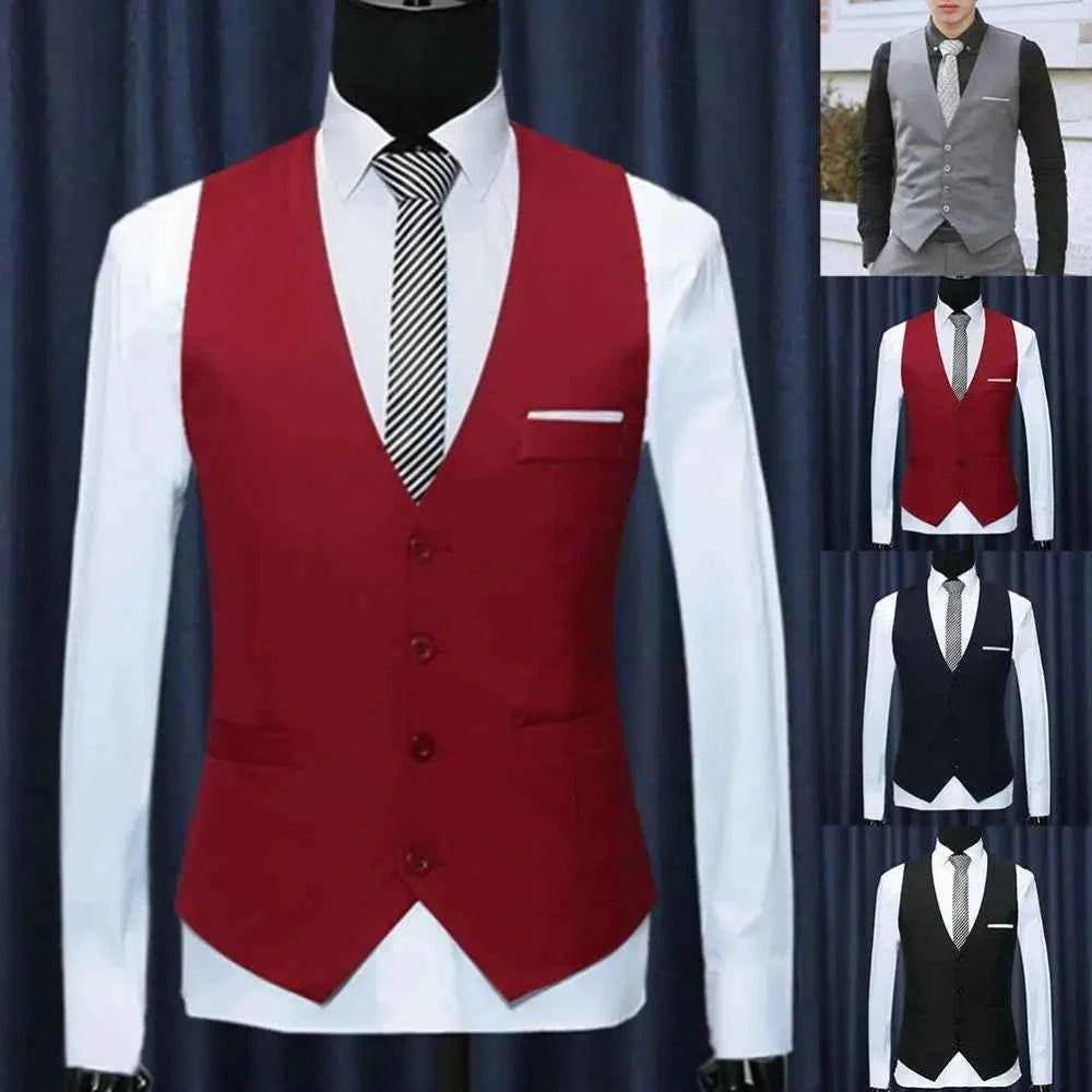 Men Slim Fit Mens Suit Vest High Quality Dress Vests Male Waistcoat Gilet Homme Casual Button Sleeveless Formal Business Jacket