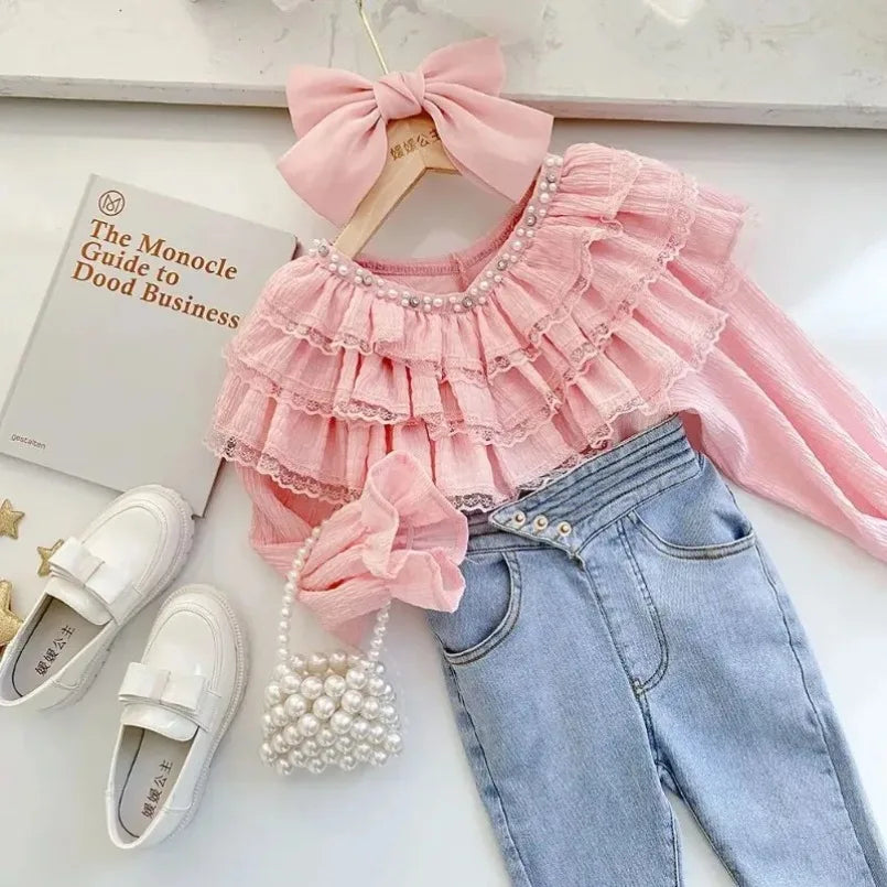 Retail 2024 Baby Girls Fall Fashion Princess Teenage Pink Blouse New  Kids Sweet Lace  Long Sleeve Top 6-12T