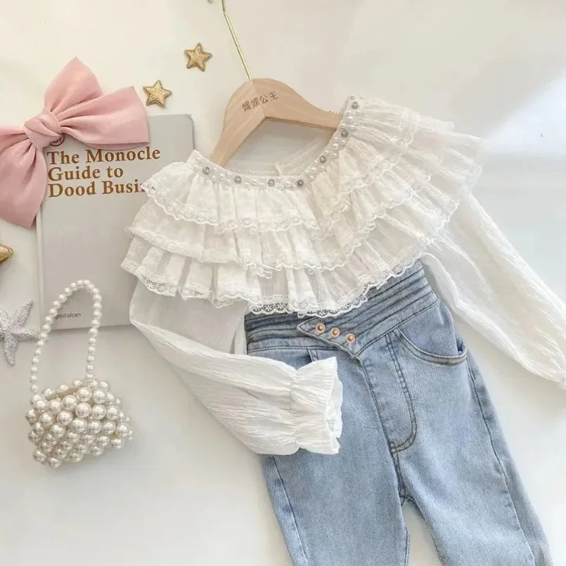 Retail 2024 Baby Girls Fall Fashion Princess Teenage Pink Blouse New  Kids Sweet Lace  Long Sleeve Top 6-12T